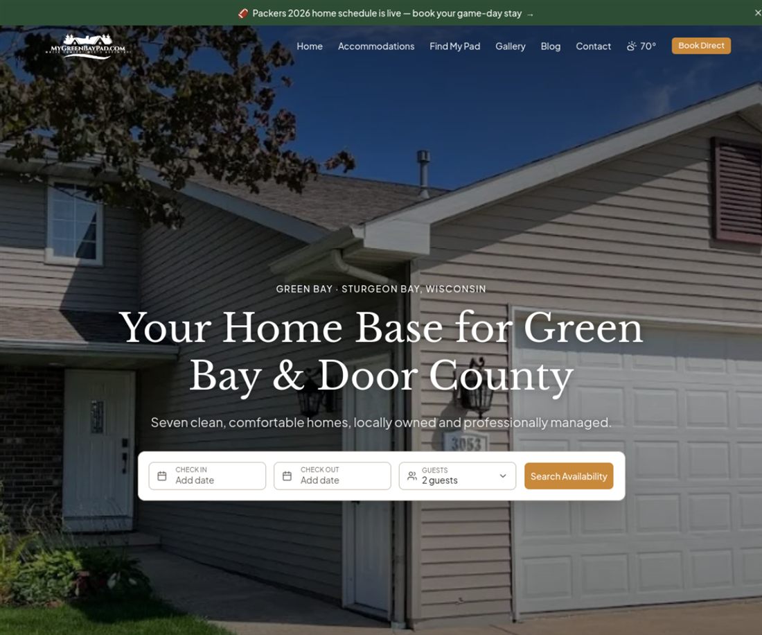 My Green Bay Pad, a direct booking website built by SyncVRO